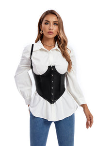 Black Leather Straps Lace-Up Bustier Corset Top