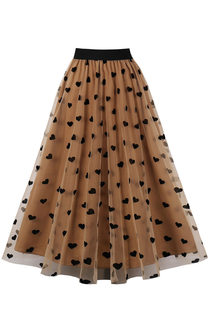 Brown Heart Prints A-line Skirt