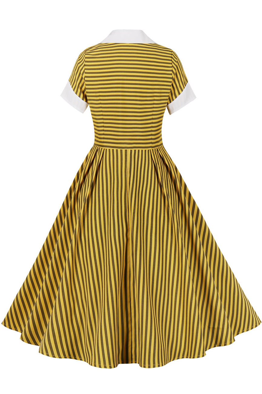 Herbene Yellow Stripes A-line Lapel Vintage Dress
