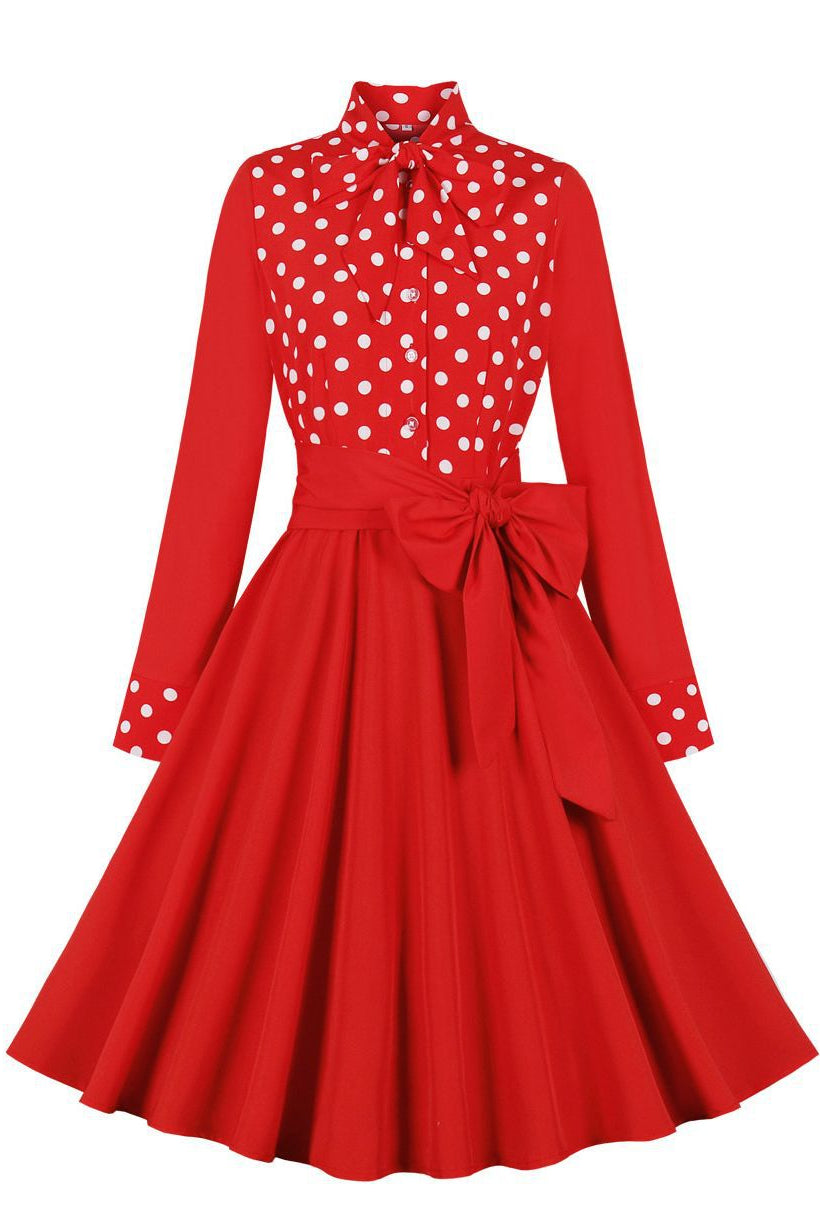 Red Dotted Top Long Sleeves A-line Bow Sash Vintage Dress