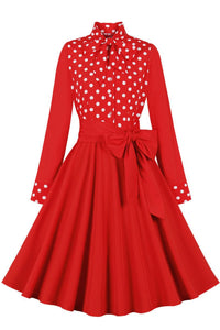 Red Dotted Top Long Sleeves A-line Bow Sash Vintage Dress