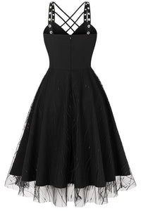 Black Lace-Up A-line Vintage Dress