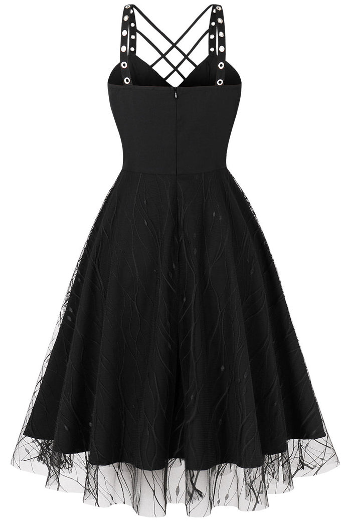 Black Lace-Up A-line Vintage Dress