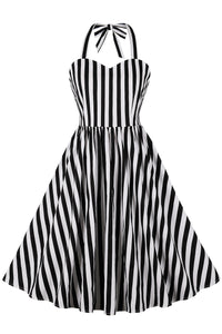 Black and White Stripes Halter A-line Vintage Dress
