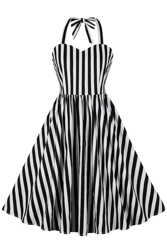 Black and White Stripes Halter A-line Vintage Dress
