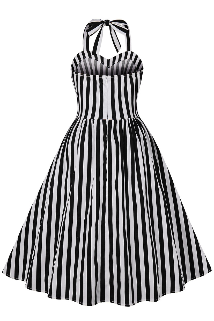 Black and White Stripes Halter A-line Vintage Dress