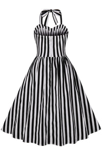 Black and White Stripes Halter A-line Vintage Dress
