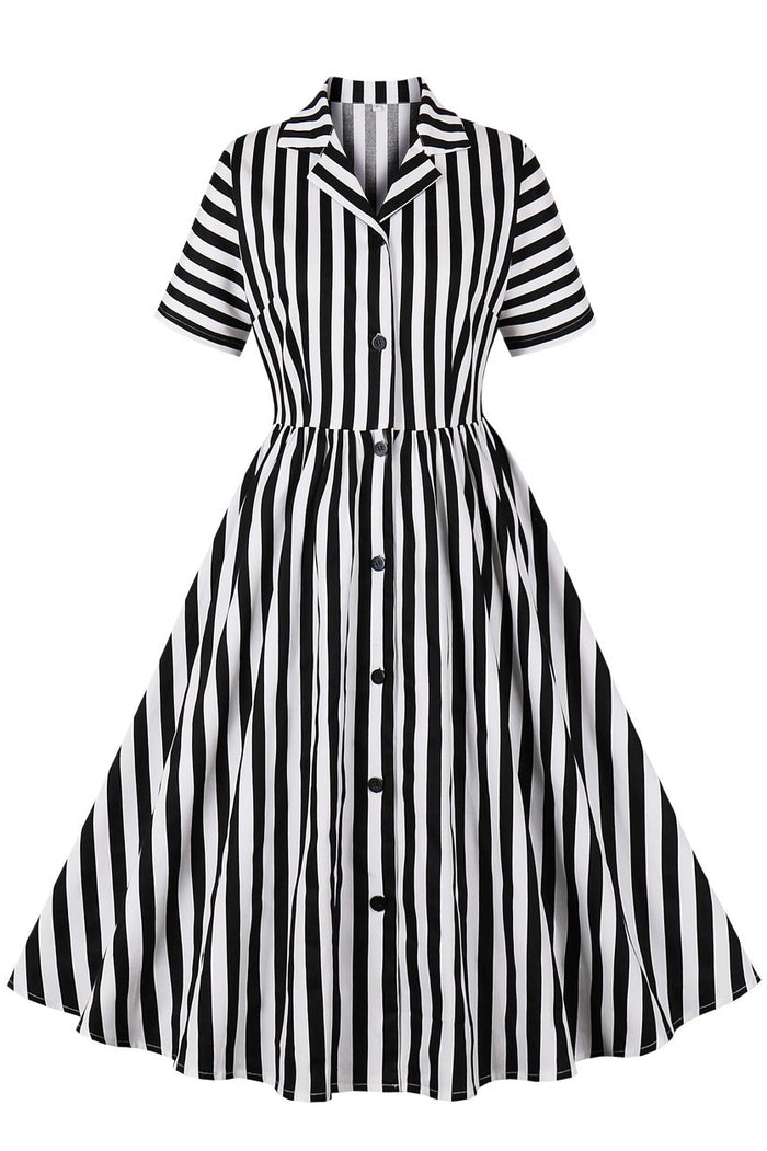Black and White Stripes Lapel Short Sleeves Vintage Dress