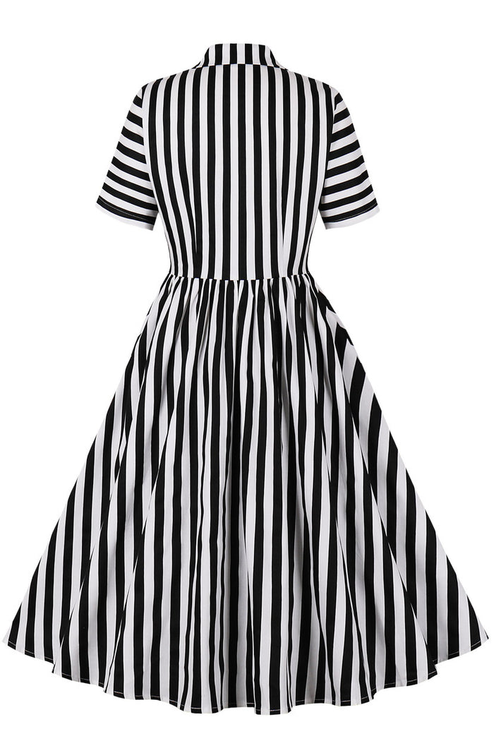 Black and White Stripes Lapel Short Sleeves Vintage Dress