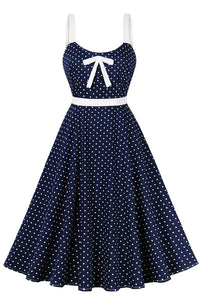 Navy Blue Dot A-line Vintage Dress with Bow