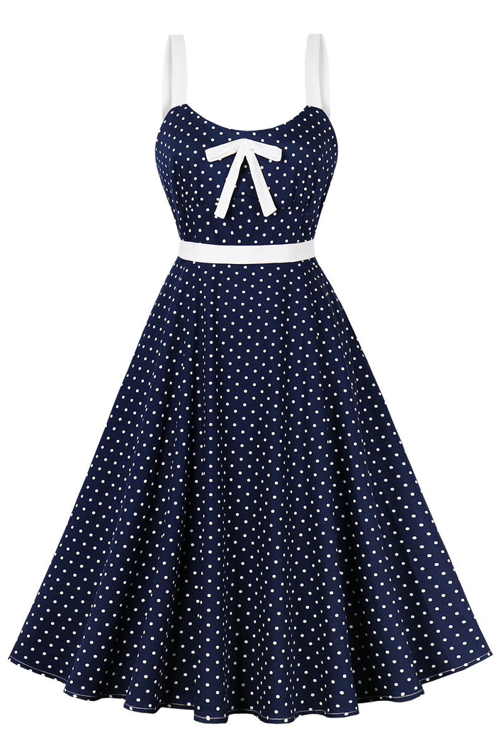 Navy Blue Dot A-line Vintage Dress with Bow
