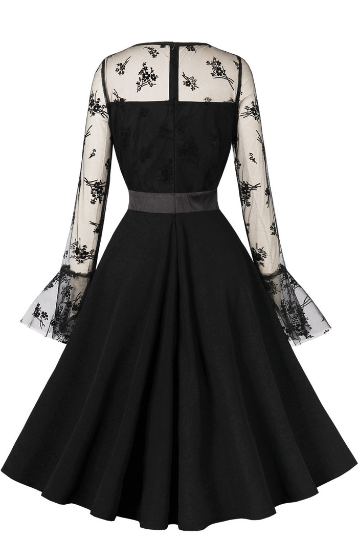 Black Floral Bell Sleeves A-line Vintage Dress
