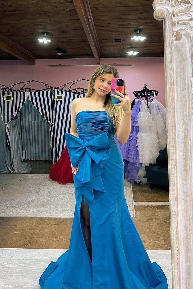 Strapless Red Fitted Long Formal Dress with Bow