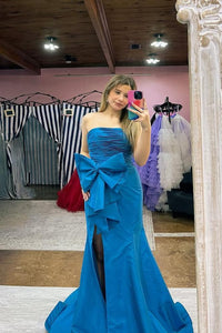 Strapless Red Fitted Long Formal Dress with Bow