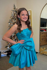 Black Strapless A-line Satin Homecoming Dress with Bow