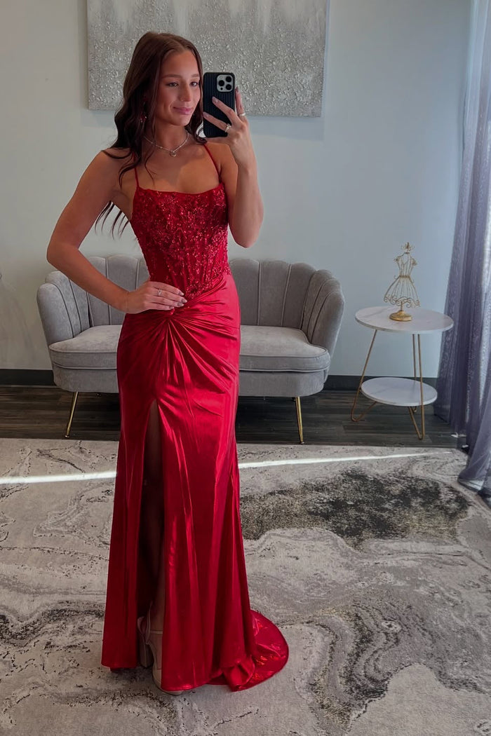 Spaghetti Straps Red Beaded Long Dress with Slit
