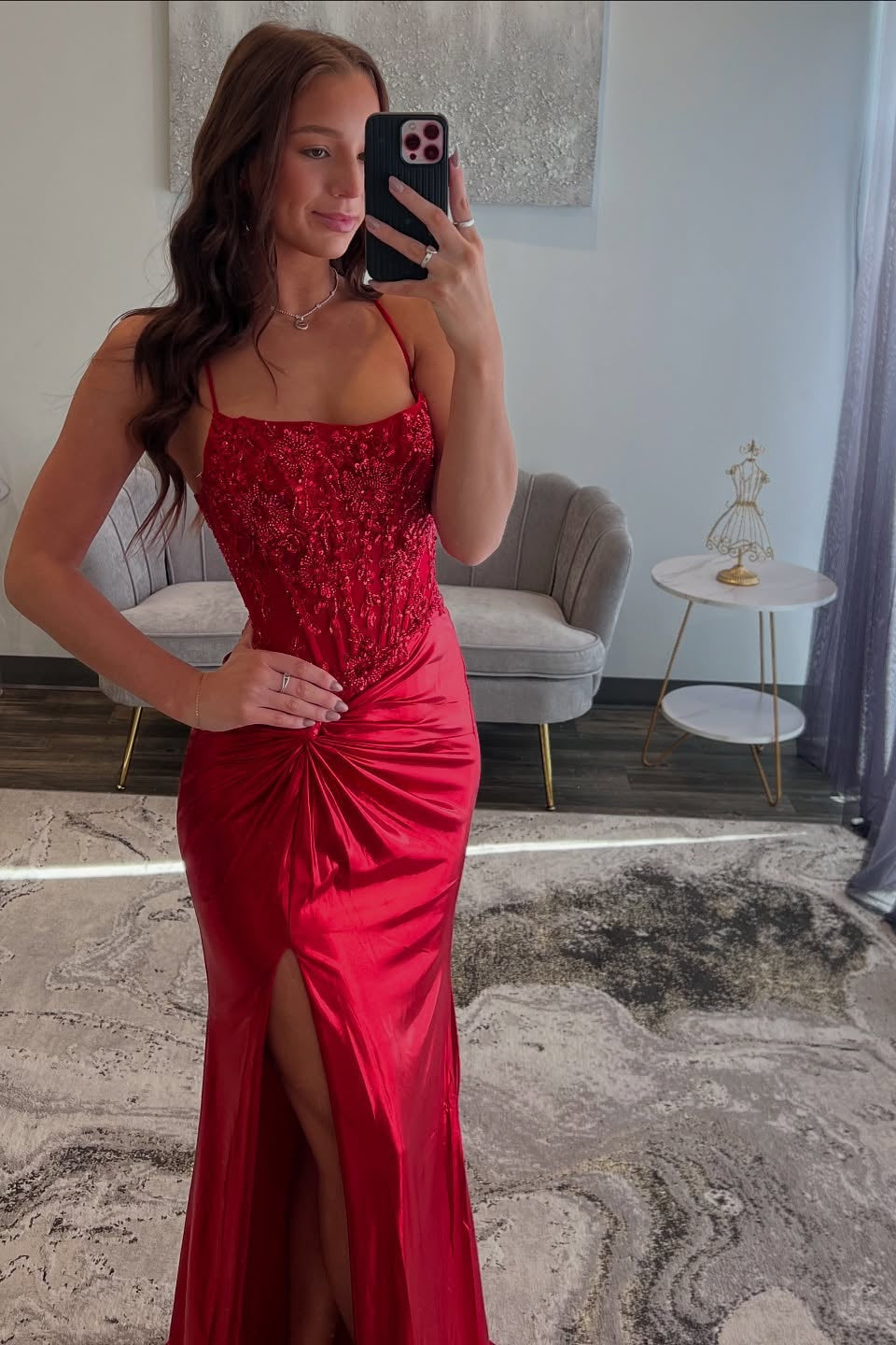 Spaghetti Straps Red Beaded Long Dress with Slit