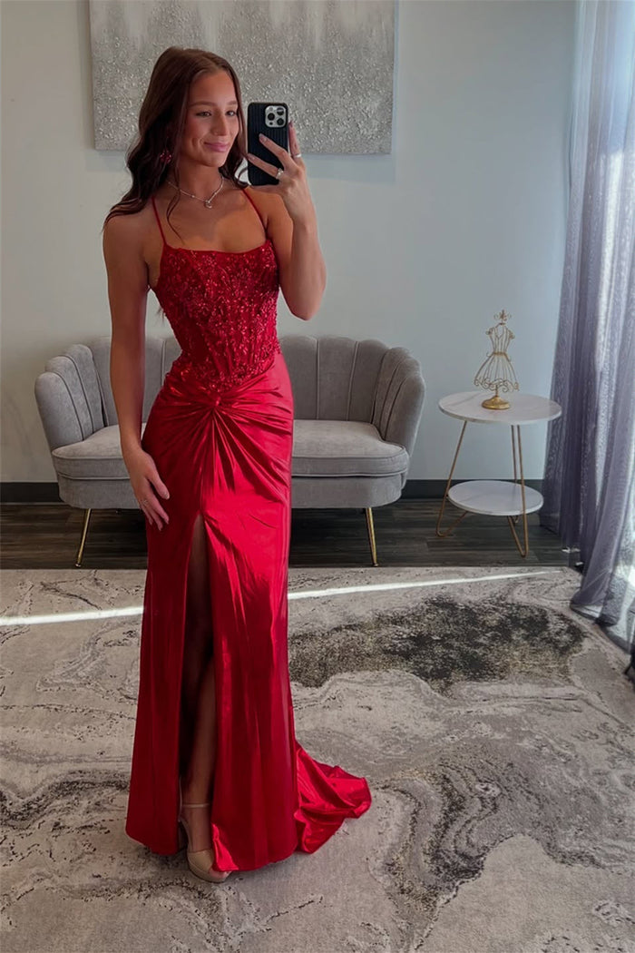 Spaghetti Straps Red Beaded Long Dress with Slit