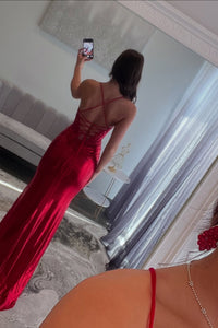 Spaghetti Straps Red Beaded Long Dress with Slit
