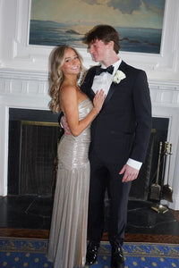 Strapless Metallic Silver Pleated Long Dress