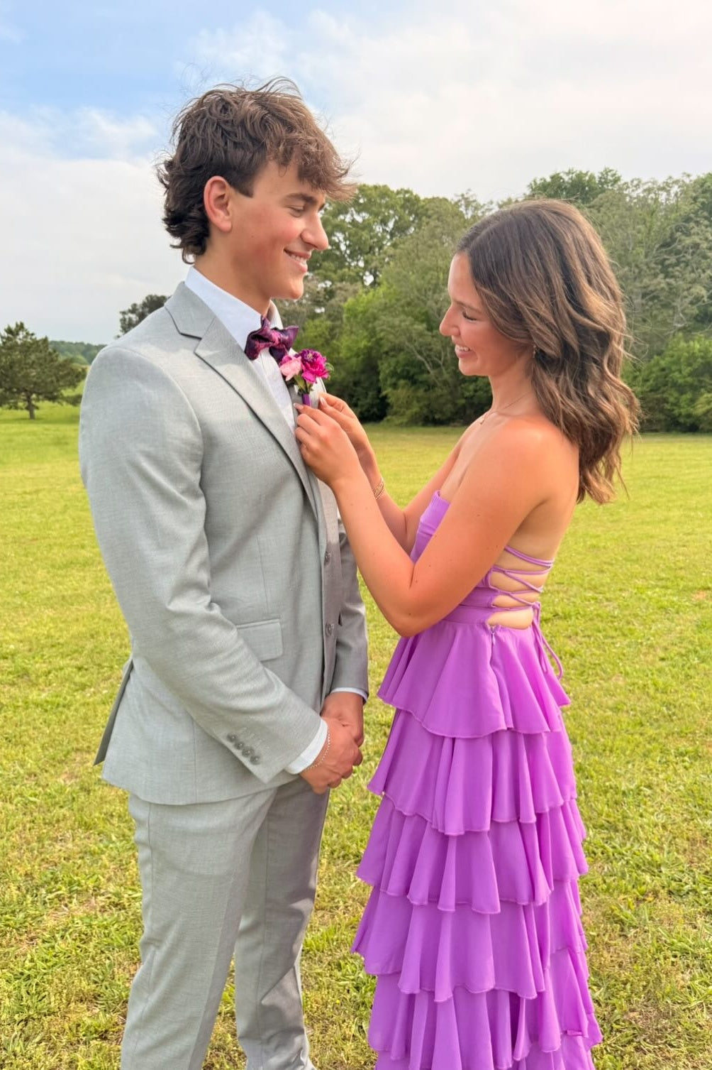 Strapless Purple Ruffle Tiered Long Dress with Slit