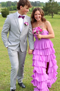 Strapless Purple Ruffle Tiered Long Dress with Slit