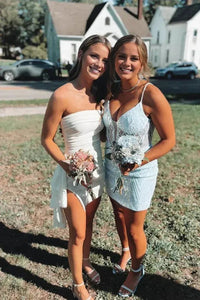 Strapless Light Blue Pleated Short Dress with Train