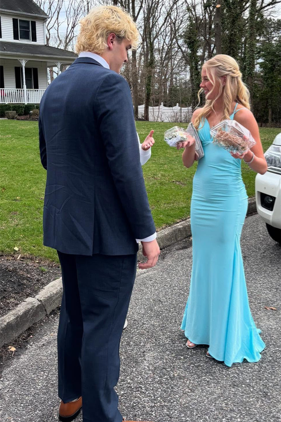 Straps Blue Open Back Mermaid Long Dress