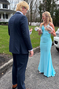 Straps Blue Open Back Mermaid Long Dress