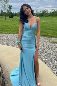 Straps Blue Fitted Long Dress with Slit