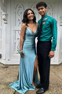 Straps Blue Fitted Long Dress with Slit