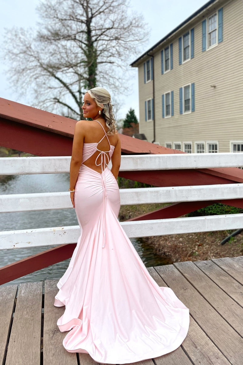Straps Pink Lace-up Back Mermaid Long Dress