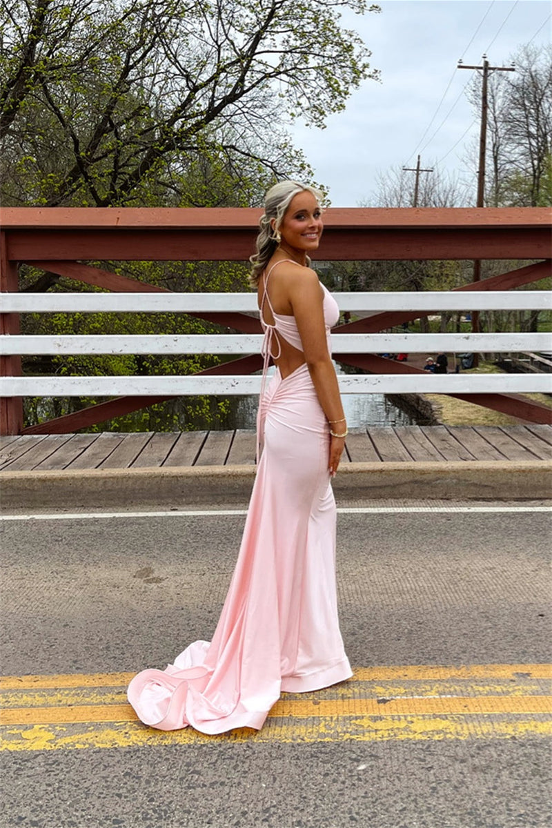 Straps Pink Lace-up Back Mermaid Long Dress