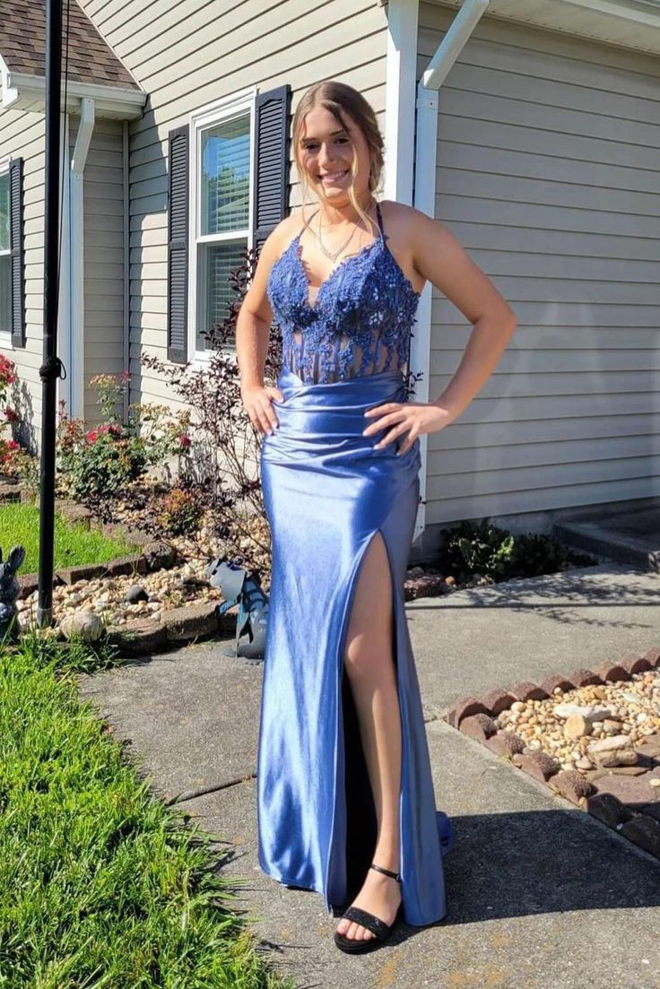 Dusty Blue Appliques Corset Satin Long Formal Dress