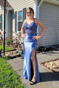 Dusty Blue Appliques Corset Satin Long Formal Dress