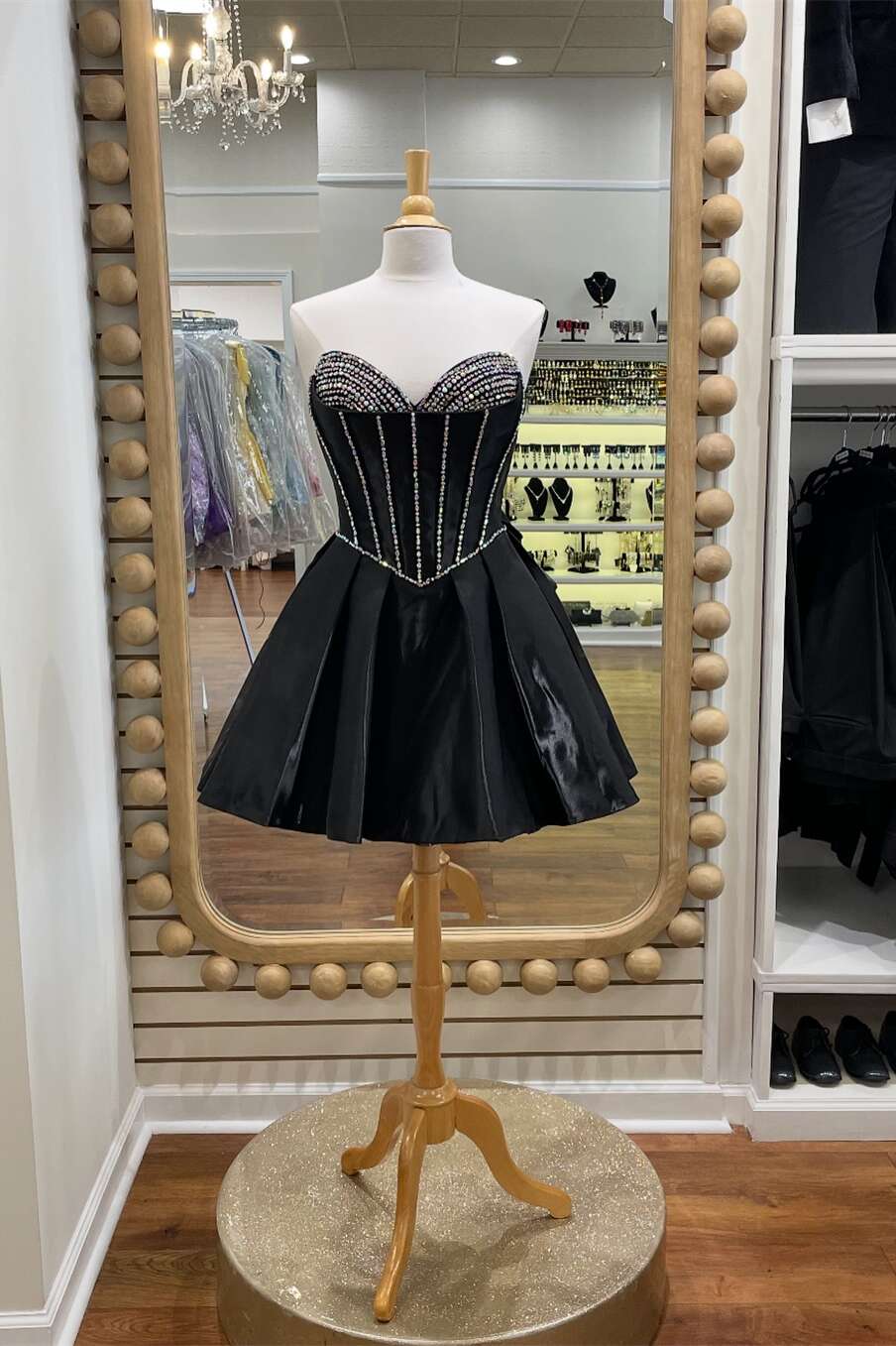 Sweetheart Black Beaded Short Dress with Bow