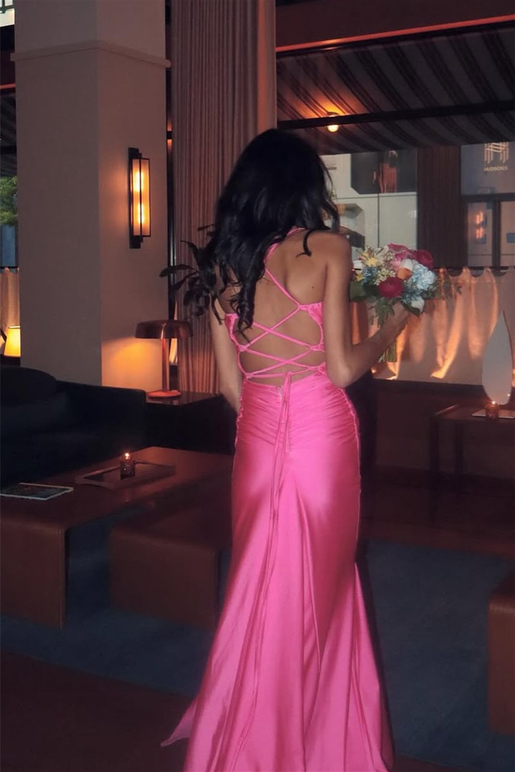 V-neck Hot Pink Mermaid Long Dress with Slit