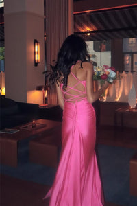 V-neck Hot Pink Mermaid Long Dress with Slit