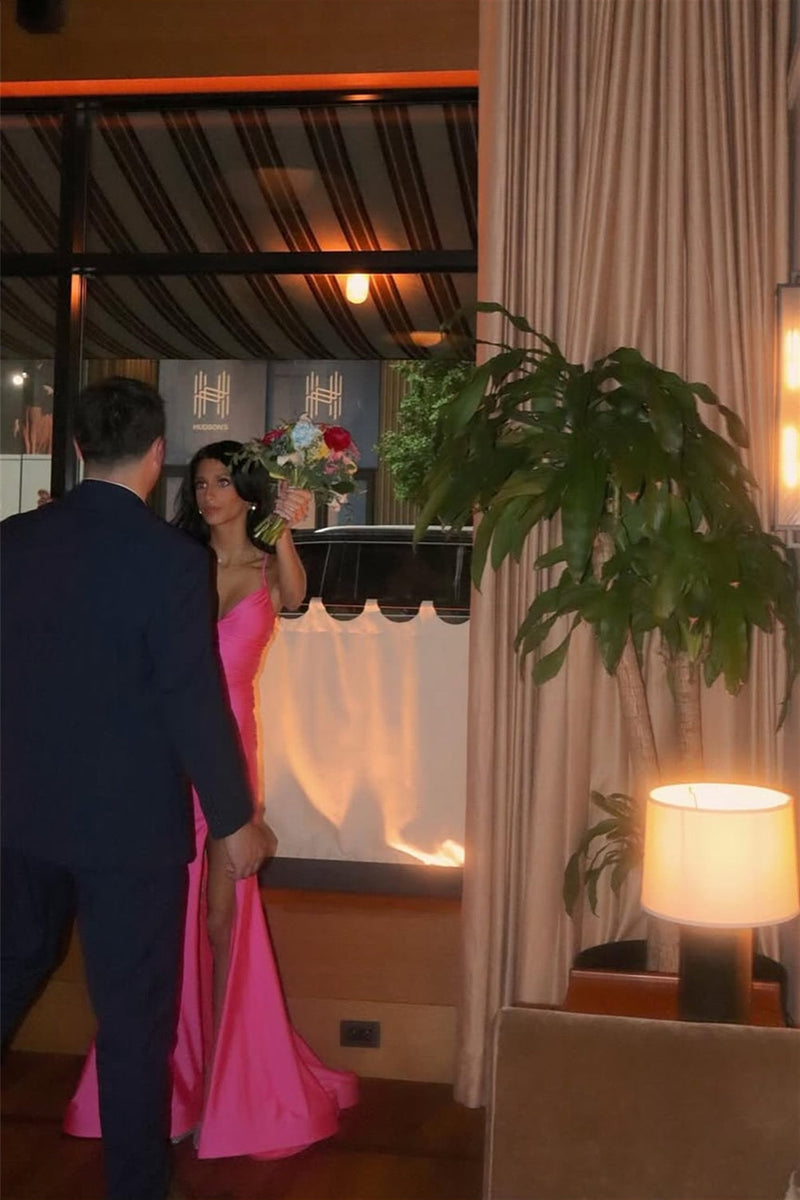 V-neck Hot Pink Mermaid Long Dress with Slit