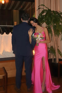 V-neck Hot Pink Mermaid Long Dress with Slit