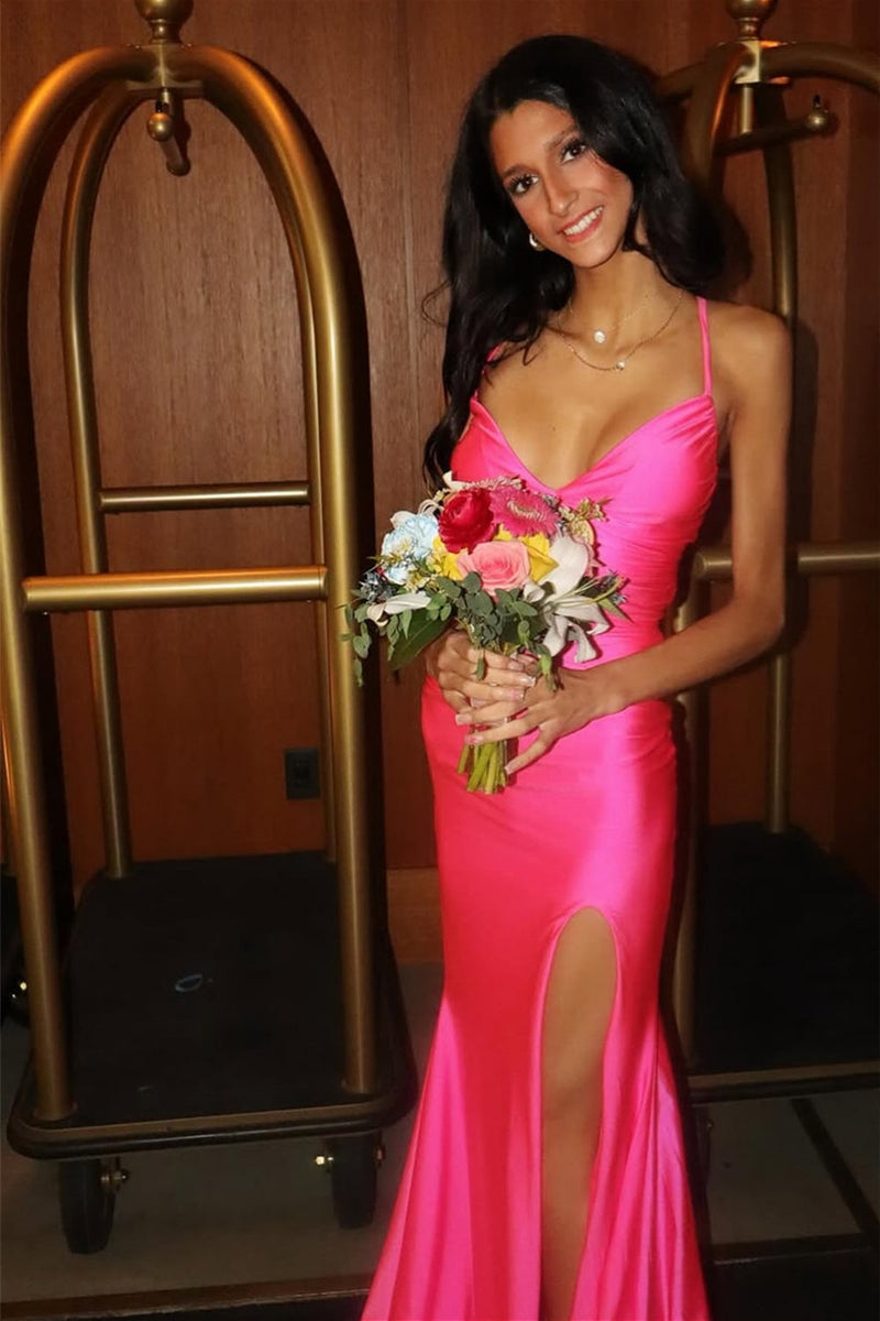 V-neck Hot Pink Mermaid Long Dress with Slit