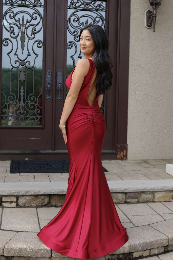 V-neck Dark Red Open Back Mermaid Long Dress