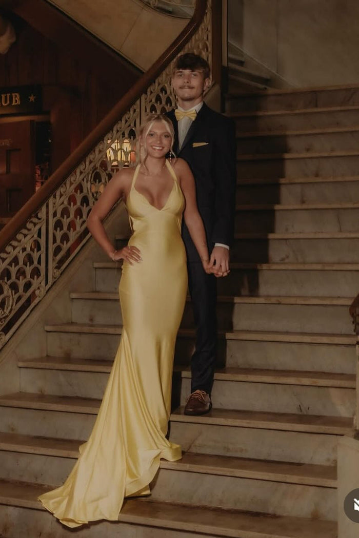V-neck Yellow Mermaid Long Dress with Train