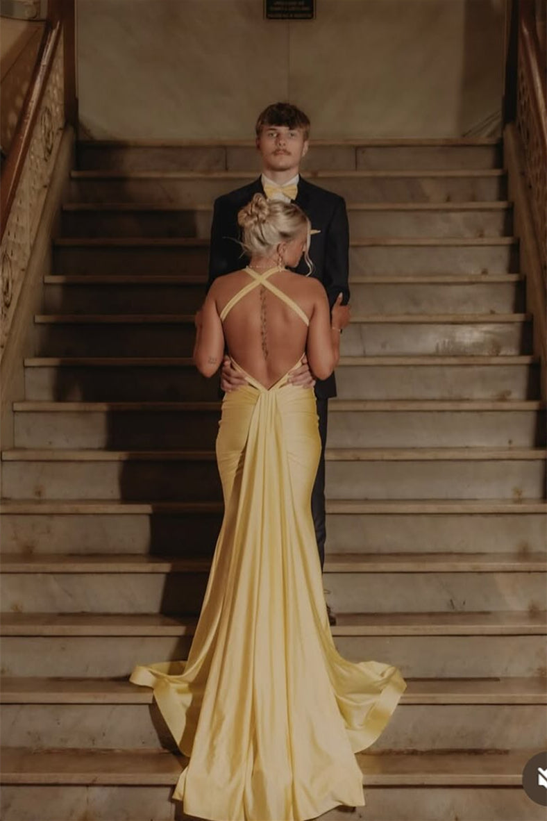 V-neck Yellow Mermaid Long Dress with Train