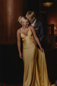 V-neck Yellow Mermaid Long Dress with Train