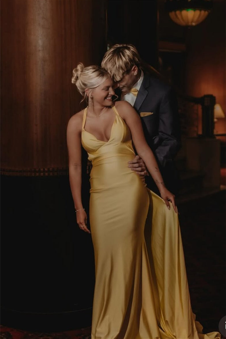 V-neck Yellow Mermaid Long Dress with Train