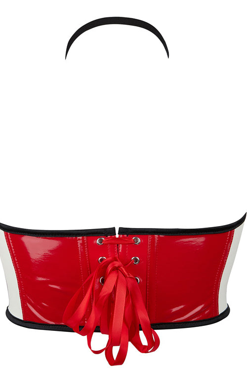 White and Black and Red Halter Lace-Up PU Leather Bustier Corset Top