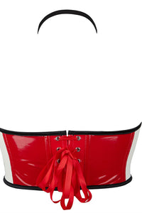 White and Black and Red Halter Lace-Up PU Leather Bustier Corset Top