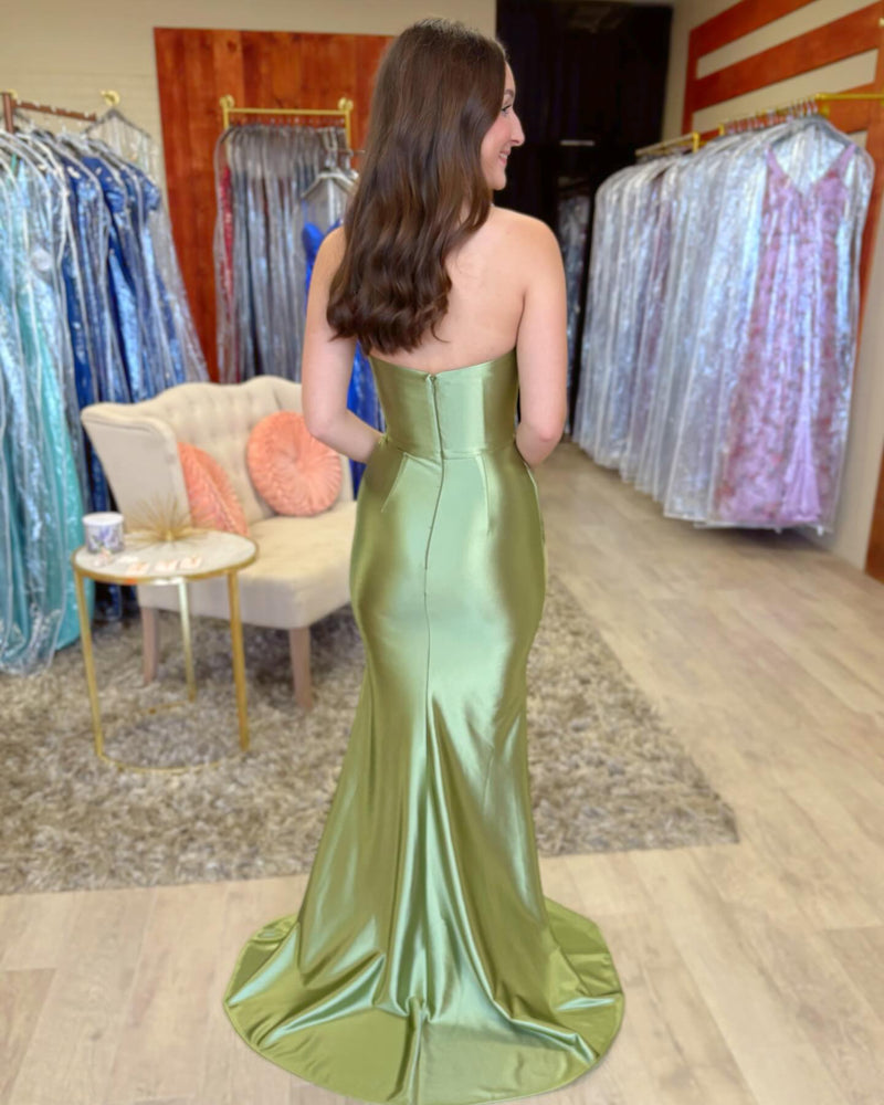 Strapless Ruched Mermaid Prom Dress with High Slit