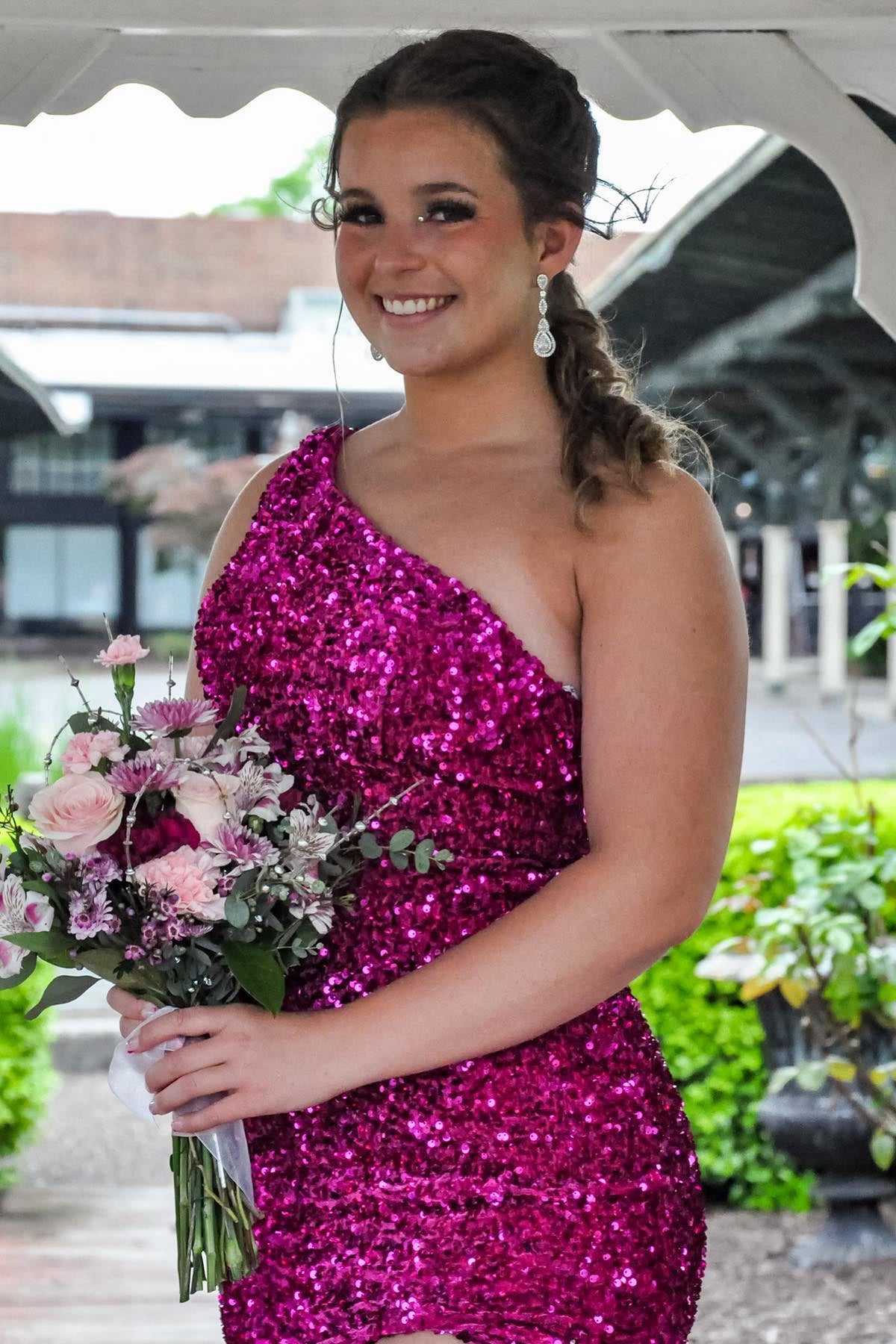 Ivory Mermaid One Shoulder Sequins Sweeping Long Prom Dress with Slit